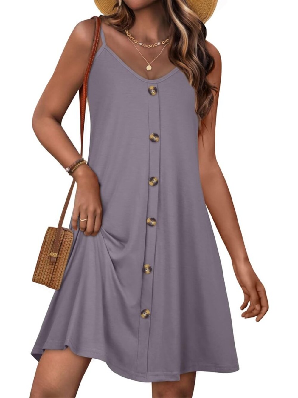 Women's Grey Summer Dresses Spaghetti Strap Button Down V Neck Sundress Beach